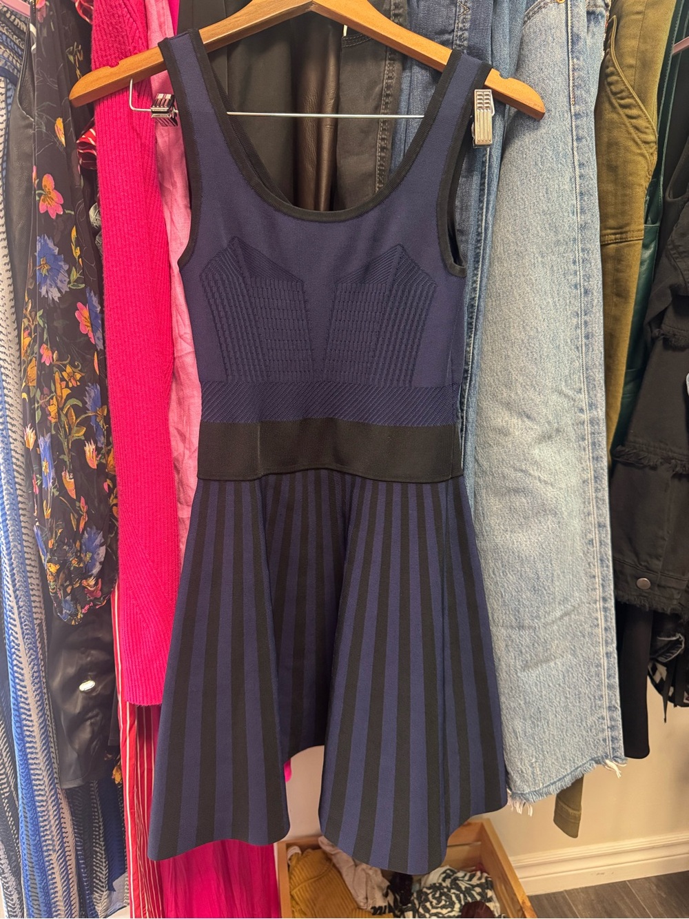 Guess Los Angeles Navy Blue Black Striped Bandage Knit Skater Mini Dress